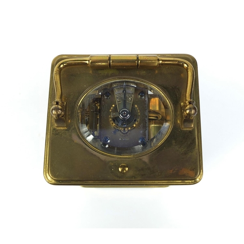 1095 - Henri Jacot gilt brass repeating carriage clock striking on a gong, together with velvet lined leath... 