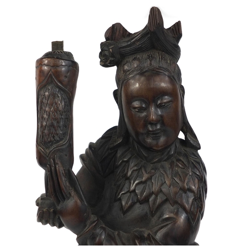 542 - Chinese root lamp base carved as a robed female standing upon a dragon, 52cm high