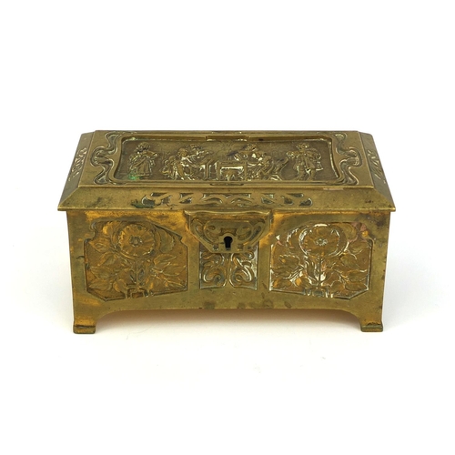 18 - 19th Century gilt brass casket with hinged lid, decorated with panels of stylised flowers and musici... 