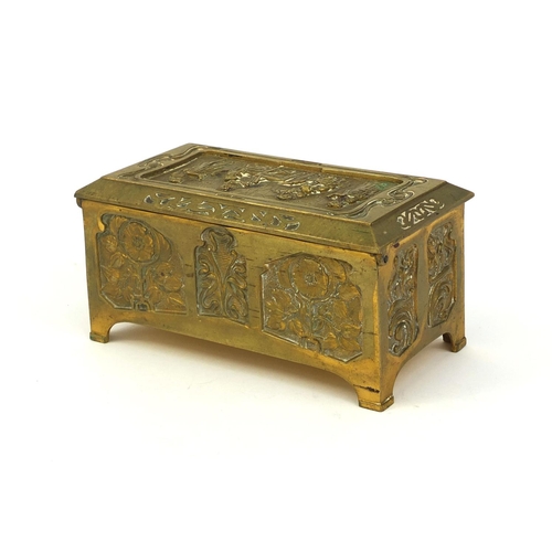 18 - 19th Century gilt brass casket with hinged lid, decorated with panels of stylised flowers and musici... 