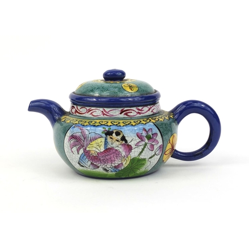 497 - Chinese Yixing terracotta enamelled teapot, hand painted with figures, fish and flowers, character m... 