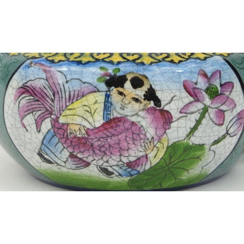 497 - Chinese Yixing terracotta enamelled teapot, hand painted with figures, fish and flowers, character m... 