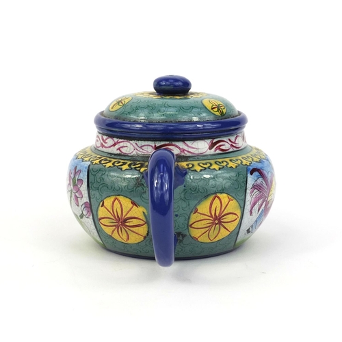 497 - Chinese Yixing terracotta enamelled teapot, hand painted with figures, fish and flowers, character m... 