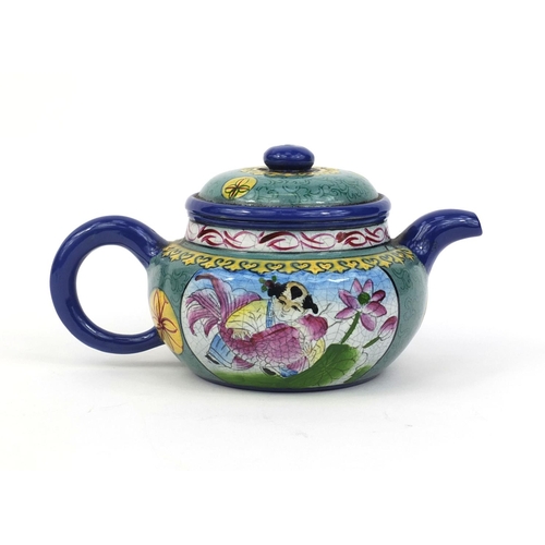 497 - Chinese Yixing terracotta enamelled teapot, hand painted with figures, fish and flowers, character m... 