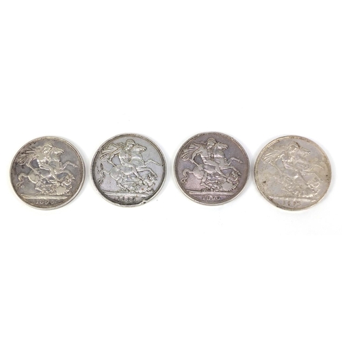 284 - Four Queen Victoria silver crowns comprising dates 1890, 1890, 1893 and 1889, approximate weight 111... 