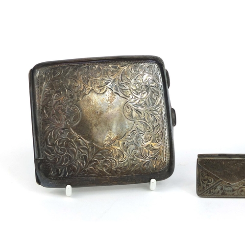 855 - Two rectangular silver cigarette cases with engine turned and chased decoration, and a silver double... 