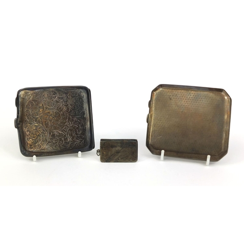 855 - Two rectangular silver cigarette cases with engine turned and chased decoration, and a silver double... 