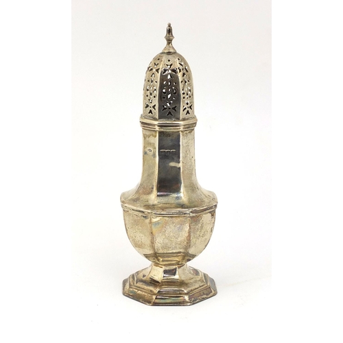 830 - Large octagonal silver baluster shaped caster, indistinct London hallmarks, 21cm high, approximate w... 