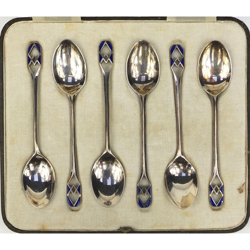 894 - Cased set of six Art Deco silver and enamel teaspoons H.W Sheffield 1934, 9.5cm long, approximate we... 