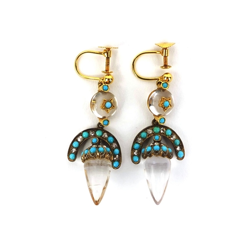 940 - Pair of 9ct gold quartz, turquoise and diamond drop earrings, each set with eleven diamonds and sixt... 