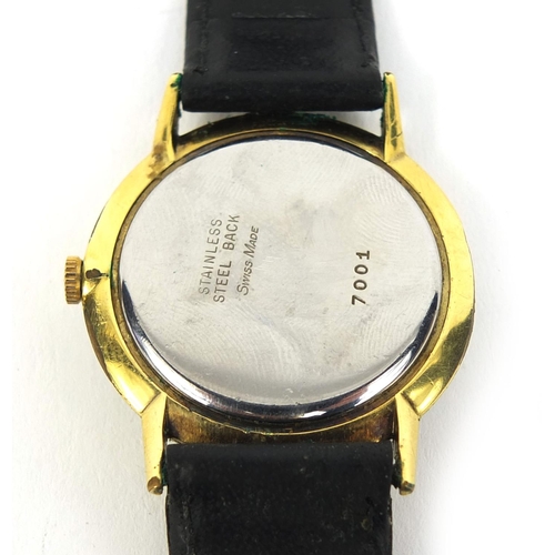 1060 - Jaquet-Droz gold plated wristwatch with leather strap, numbered 7001 to the case, 3.1cm in diameter ... 