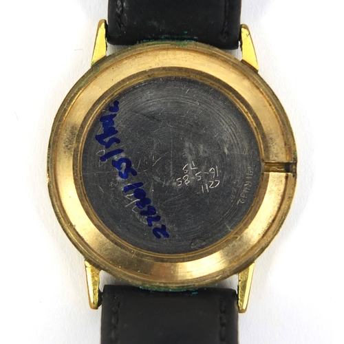 1060 - Jaquet-Droz gold plated wristwatch with leather strap, numbered 7001 to the case, 3.1cm in diameter ... 