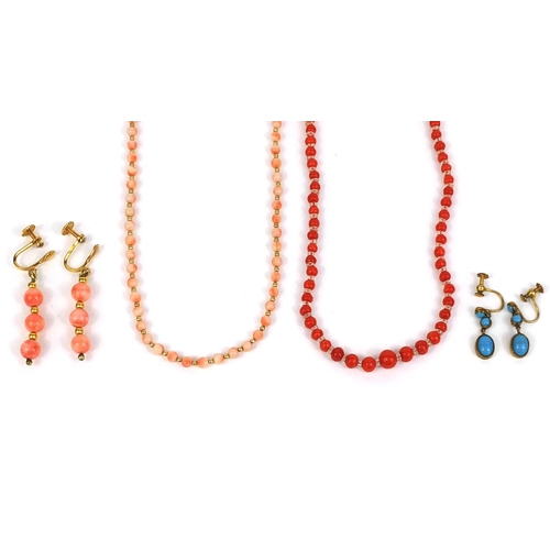 1005 - Two 9ct gold and coral necklaces and two pairs of gilt metal coral and turquoise earrings, approxima... 