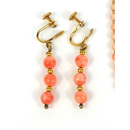 1005 - Two 9ct gold and coral necklaces and two pairs of gilt metal coral and turquoise earrings, approxima... 