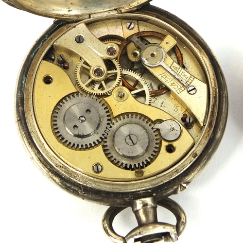 1082 - Four silver gentleman's open faced pocket watches, a ladies silver open faced pocket watch and a gun... 