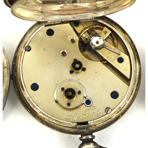 1082 - Four silver gentleman's open faced pocket watches, a ladies silver open faced pocket watch and a gun... 