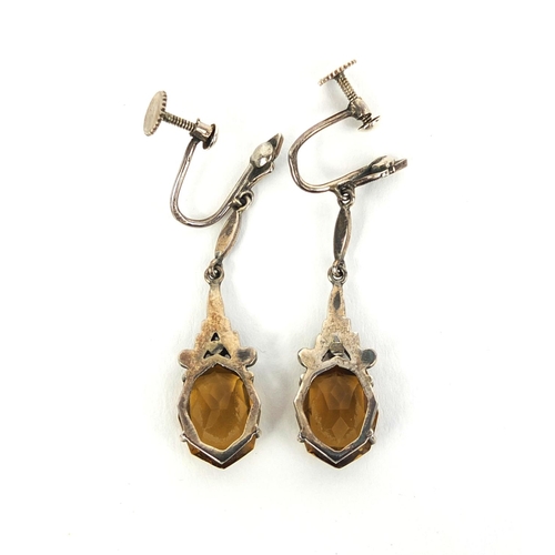 1026 - Pair of vintage unmarked silver marcasite and glass drop earrings, 4.2cm long, approximate weight 5.... 