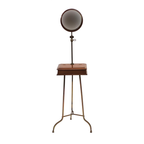 2027 - Gentleman's walnut and brass adjustable shaving stand with bevelled mirror, 148cm high