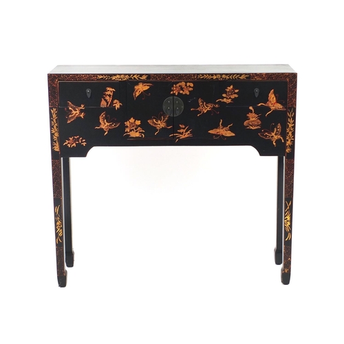 2025 - Oriental black painted wooden hall table decorated with gilt butterflies and flowers, fitted with a ... 