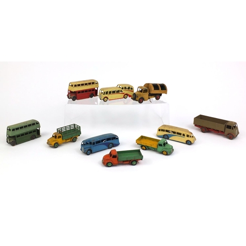 414 - Group of die cast Dinky Toys trucks and buses including Observation coach, Dodge and Guy examples