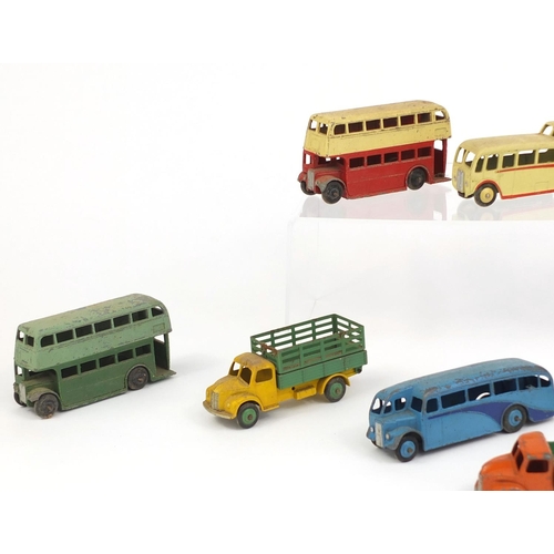 414 - Group of die cast Dinky Toys trucks and buses including Observation coach, Dodge and Guy examples