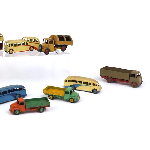 414 - Group of die cast Dinky Toys trucks and buses including Observation coach, Dodge and Guy examples