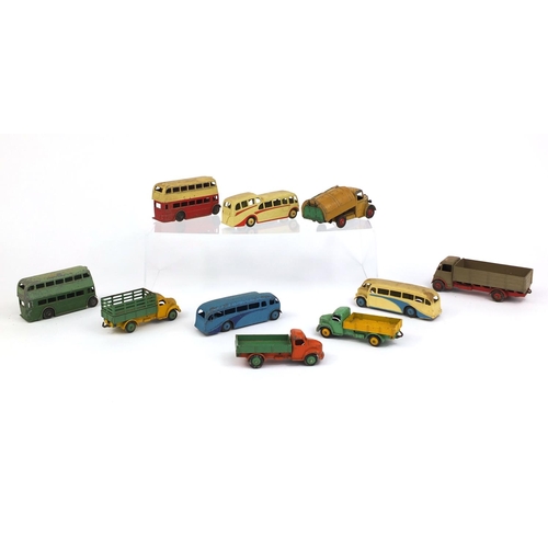 414 - Group of die cast Dinky Toys trucks and buses including Observation coach, Dodge and Guy examples