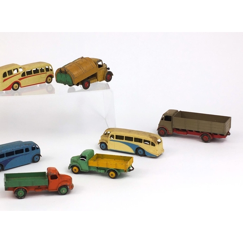 414 - Group of die cast Dinky Toys trucks and buses including Observation coach, Dodge and Guy examples