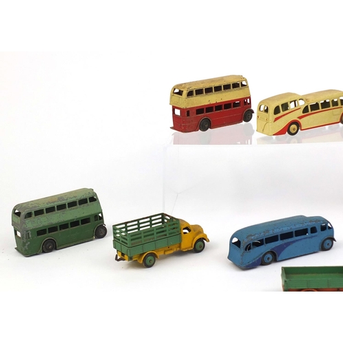 414 - Group of die cast Dinky Toys trucks and buses including Observation coach, Dodge and Guy examples