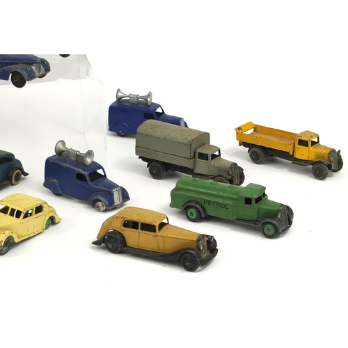 413 - Collection of die cast Dinky Toy vehicles including petrol tankers, flatbed trucks and Rolls Royce s... 