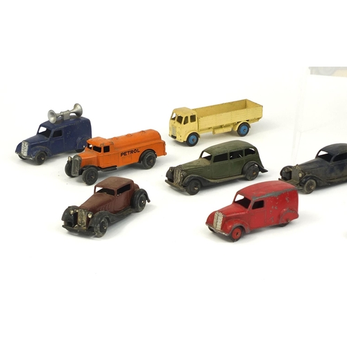 413 - Collection of die cast Dinky Toy vehicles including petrol tankers, flatbed trucks and Rolls Royce s... 