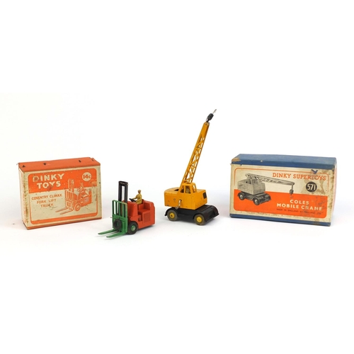 411 - Two die cast Dinky Toys with boxes, comprising Coles mobile crane 571 and Coventry Climax Forks Lift... 