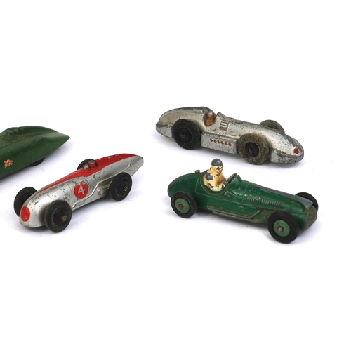 415 - Five Dinky Toys die cast racing cars comprising Auto Union, Speed of the Wing, MG record car, Coupe-... 