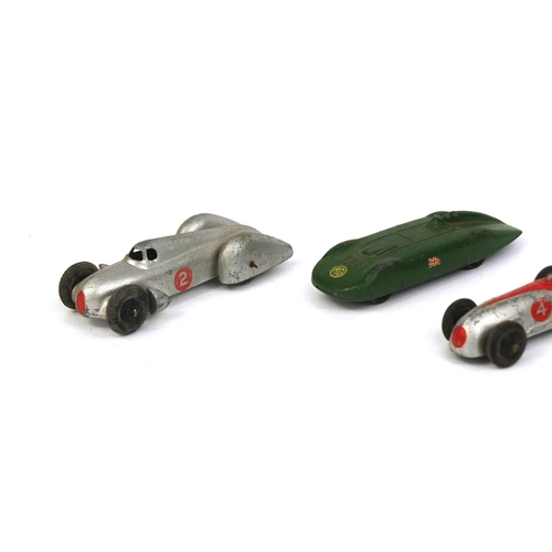 415 - Five Dinky Toys die cast racing cars comprising Auto Union, Speed of the Wing, MG record car, Coupe-... 