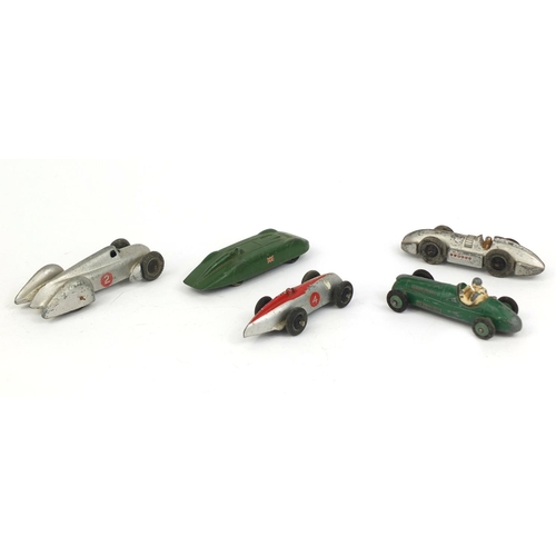 415 - Five Dinky Toys die cast racing cars comprising Auto Union, Speed of the Wing, MG record car, Coupe-... 