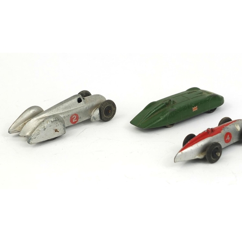 415 - Five Dinky Toys die cast racing cars comprising Auto Union, Speed of the Wing, MG record car, Coupe-... 