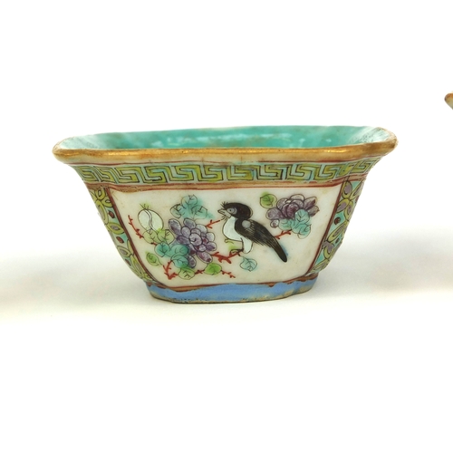 477 - Three Chinese porcelain bowls, one hand painted with flowers onto a yellow ground, the other two wit... 