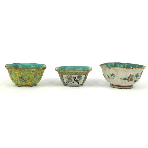 477 - Three Chinese porcelain bowls, one hand painted with flowers onto a yellow ground, the other two wit... 