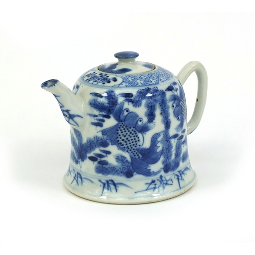439 - Chinese blue and white porcelain teapot, hand painted with goldfish amongst reeds, 9.5cm high