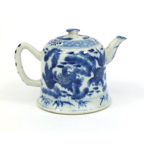 439 - Chinese blue and white porcelain teapot, hand painted with goldfish amongst reeds, 9.5cm high