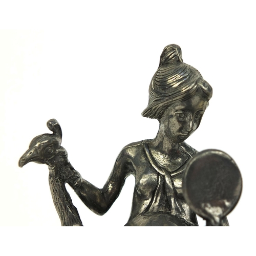 2108 - Art Nouveau style pewter dish in the form of a female looking into a mirror seated on a peacock, 21c... 