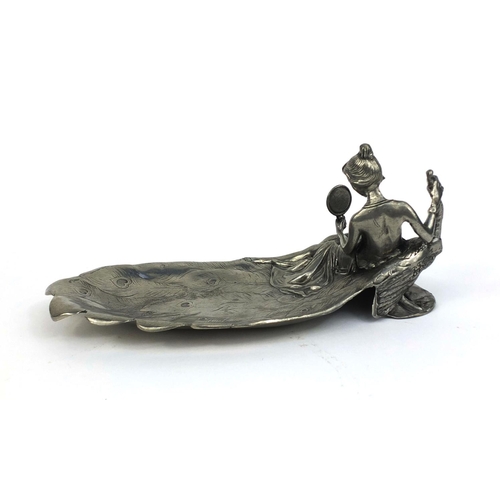 2108 - Art Nouveau style pewter dish in the form of a female looking into a mirror seated on a peacock, 21c... 