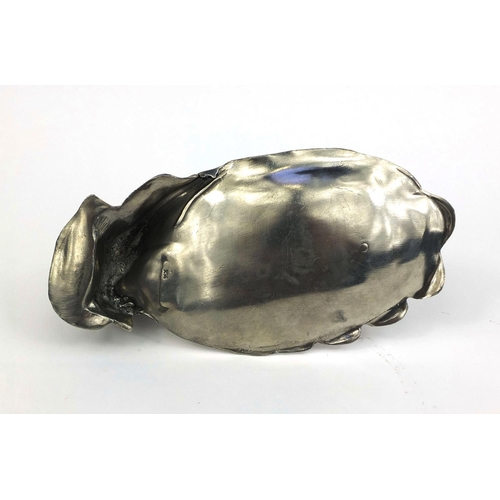 2108 - Art Nouveau style pewter dish in the form of a female looking into a mirror seated on a peacock, 21c... 