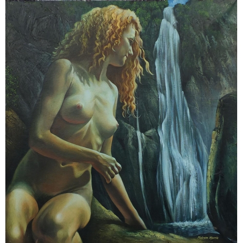 2060 - Malcolm Morris - Unframed oil onto canvas, nude female beside a waterfall, 92cm x 91cm