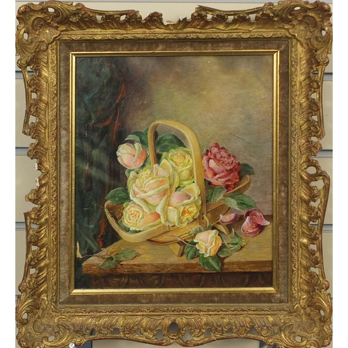 2125 - Vincent Clare - Oil onto canvas still life roses in a basket, mounted and ornately gilt framed, labe... 