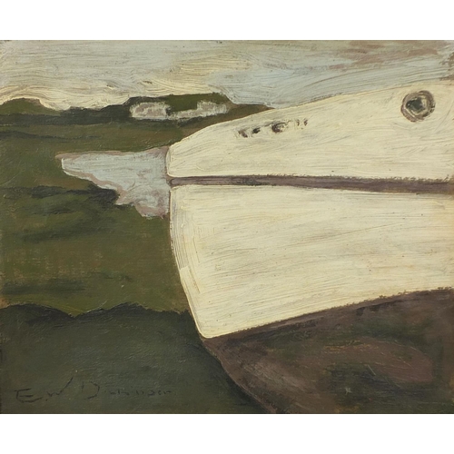 2061 - Oil onto board abstract composition, moored white boat, bearing a signature Dickinson, titled and in... 
