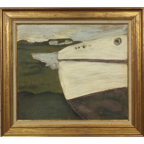 2061 - Oil onto board abstract composition, moored white boat, bearing a signature Dickinson, titled and in... 