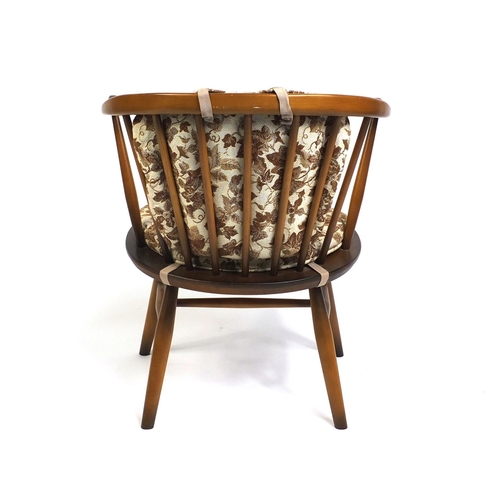 2048 - Ercol elm stick back tub chair with cushion backa nd seat pads, 67cm high