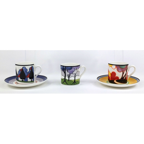 2093 - Four Wedgwood Clarice Cliff Centenary limited edition coffee cans and saucers, by the Bradford Excha... 