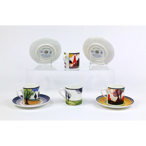 2093 - Four Wedgwood Clarice Cliff Centenary limited edition coffee cans and saucers, by the Bradford Excha... 